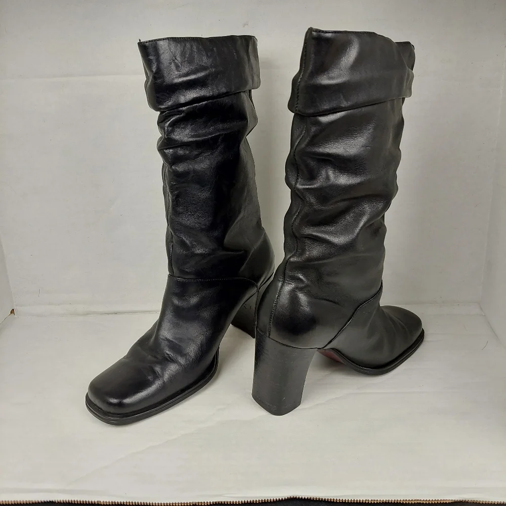 White Mt. Black Leather Scrunch Mid Calf Heeled Boots